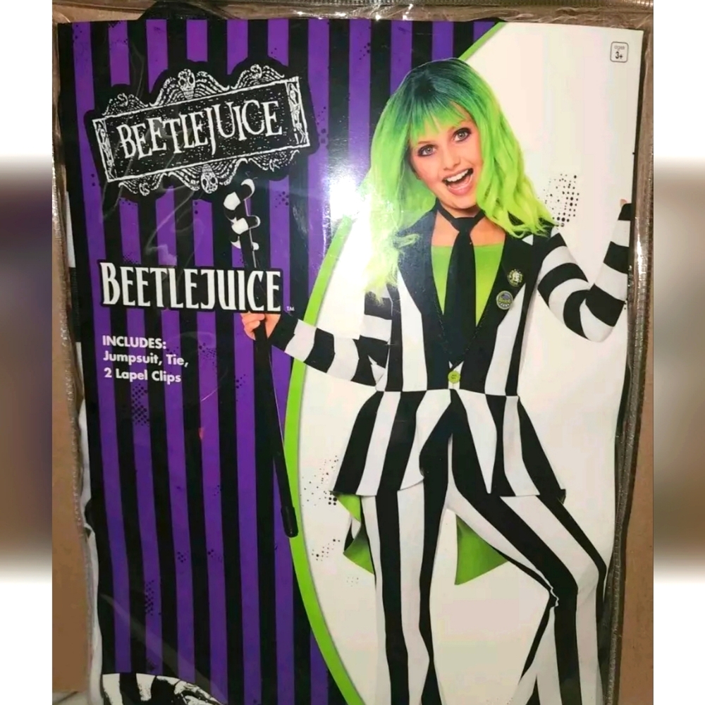Halloween Kids Beetlejuice Striped Jumpsuit Costume Sz XL 14-16 New FAST SHIP!